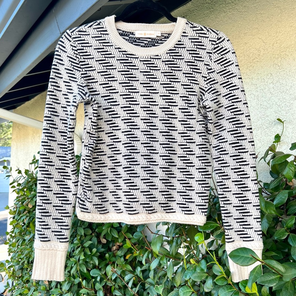 Tory Burch Sweater Wool Ivory and Black Textured Knit Crewneck Size Small